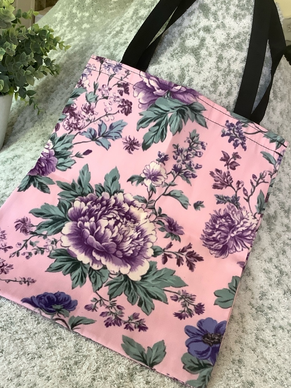 Pink purple Floral Garden Polycanvas Tote Bag NWT 13.25x15”
